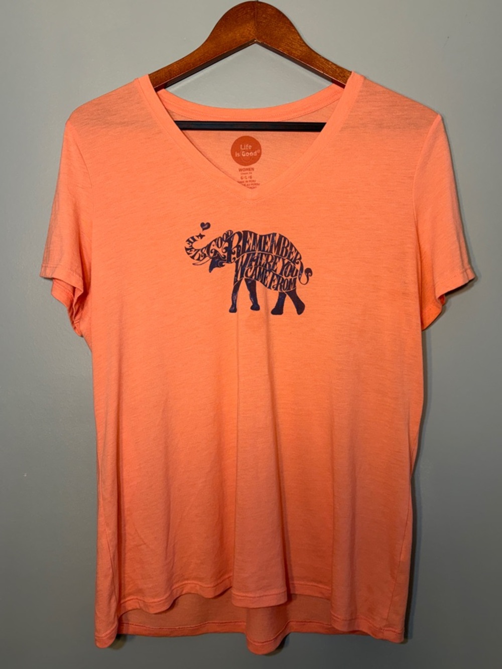 Life Is Good Size Large Coral V-Neck Tee with Navy Elephant